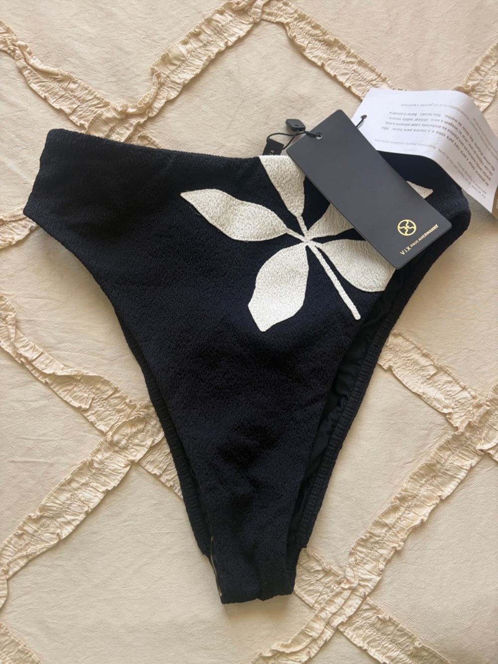 Women's Black Bikini Bottom with White Leaf Accent